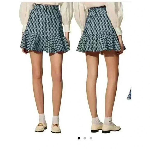 NWT Sandro Women's Blue Navy Logo Ruffle Paulina Mini Skirt Size Small 2 4 - Picture 4 of 16